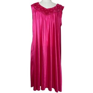 Vintage Womens Hot Pink Satin Floral Trim Nightgown Dress Sleeveless Floral XL